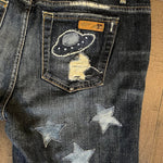 I Need My Space Jeans JOE&#39;S Jeans Appliques Patched Ladies Size 30 SPACE Aliens Planets ROCKETS Hand Embroidery Ripped Cuffed Pants