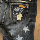 I Need My Space Jeans JOE&#39;S Jeans Appliques Patched Ladies Size 30 SPACE Aliens Planets ROCKETS Hand Embroidery Ripped Cuffed Pants