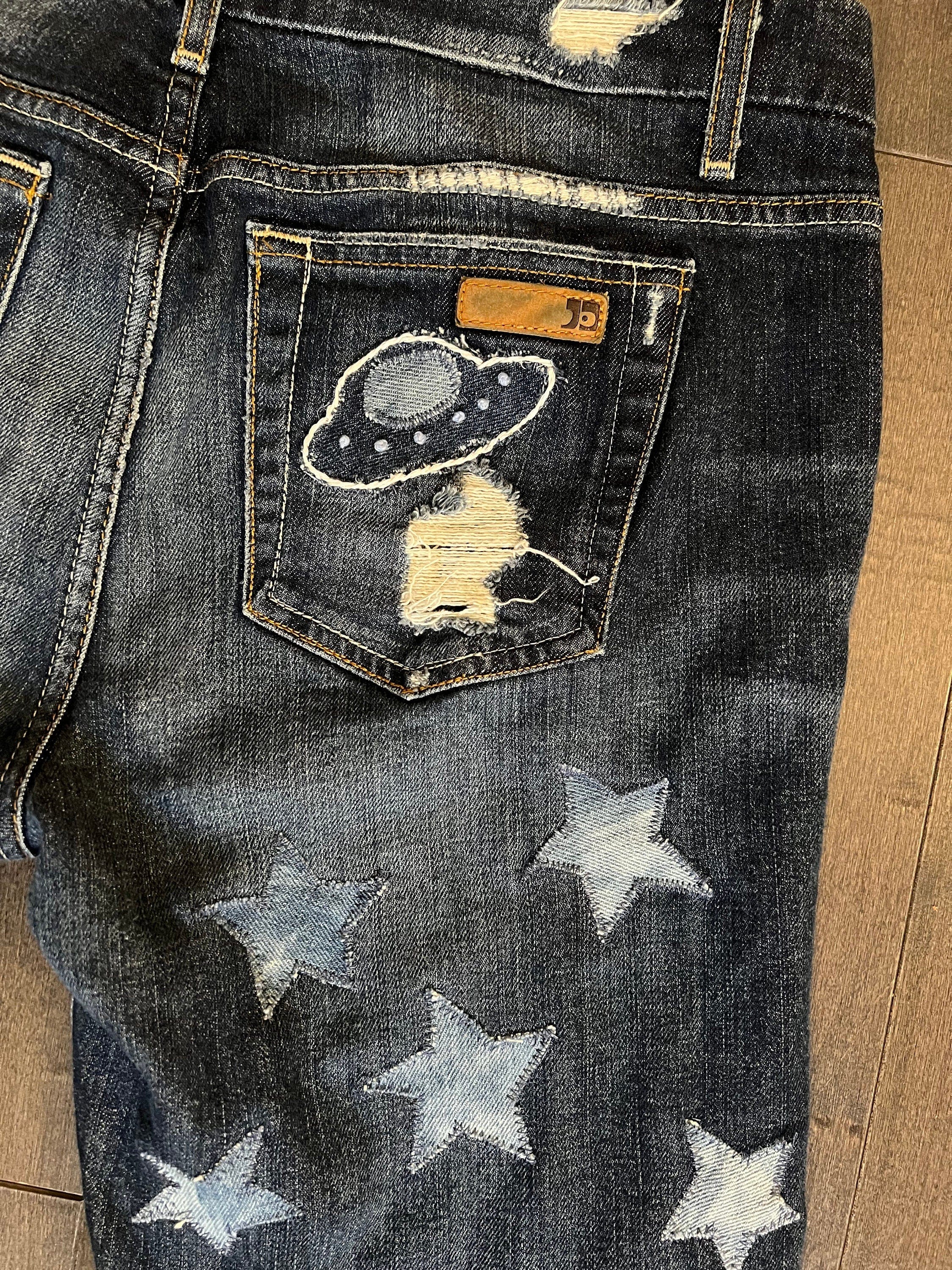 I Need My Space Jeans JOE&#39;S Jeans Appliques Patched Ladies Size 30 SPACE Aliens Planets ROCKETS Hand Embroidery Ripped Cuffed Pants