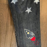 I Need My Space Jeans JOE&#39;S Jeans Appliques Patched Ladies Size 30 SPACE Aliens Planets ROCKETS Hand Embroidery Ripped Cuffed Pants