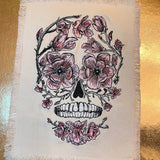Sugar SKULL Head Pink Flowers Large SOULE PATCH art Iron On patch 8 X 6 black embroidered Decal White Denim Fringed Fray edges handmade Appliques & Patches