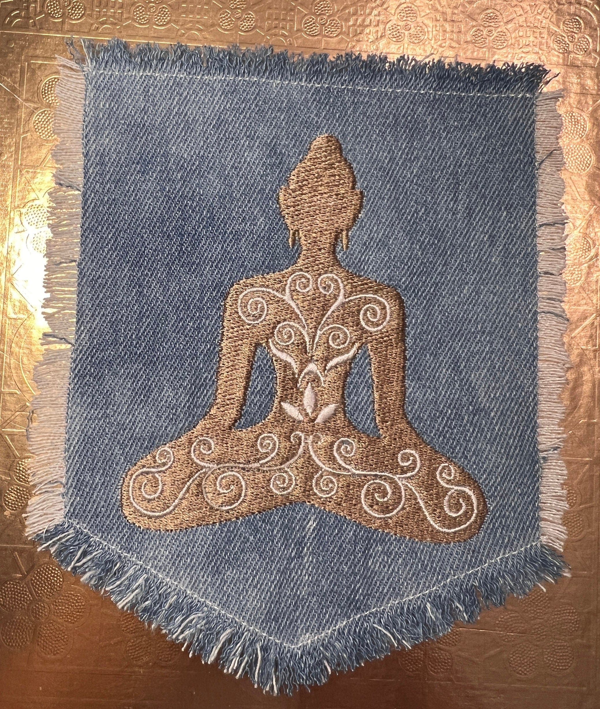 Meditation YOGA Namaste Pose HOT POCKET Embroidered Stitched gold Hand Bleached Denim Hippie Pocket 5.5 X 4.5 Good Karma Frayed Edges Sew On Yoga & Pilates