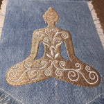 Meditation YOGA Namaste Pose HOT POCKET Embroidered Stitched gold Hand Bleached Denim Hippie Pocket 5.5 X 4.5 Good Karma Frayed Edges Sew On Yoga & Pilates