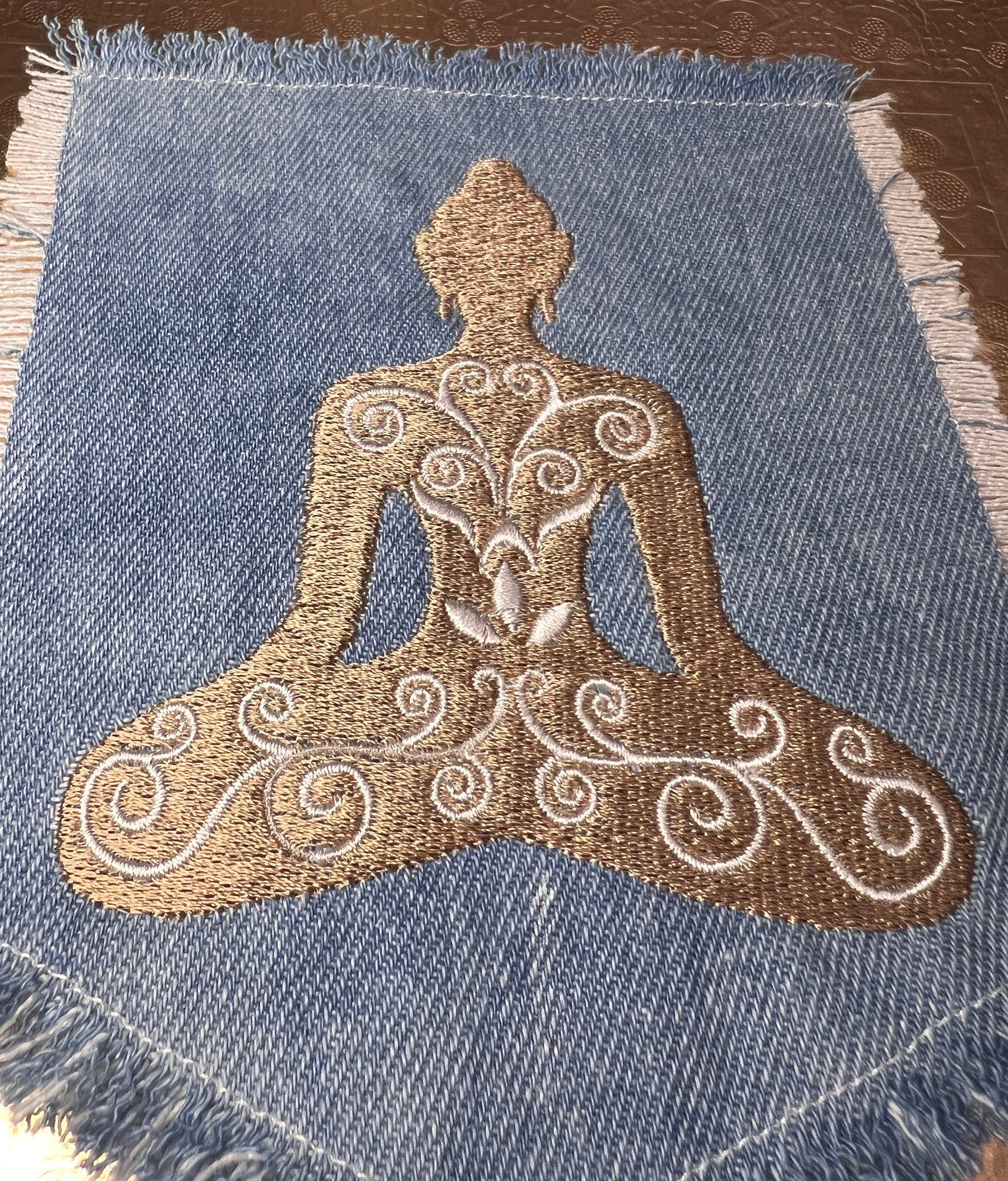 Meditation YOGA Namaste Pose HOT POCKET Embroidered Stitched gold Hand Bleached Denim Hippie Pocket 5.5 X 4.5 Good Karma Frayed Edges Sew On Yoga & Pilates