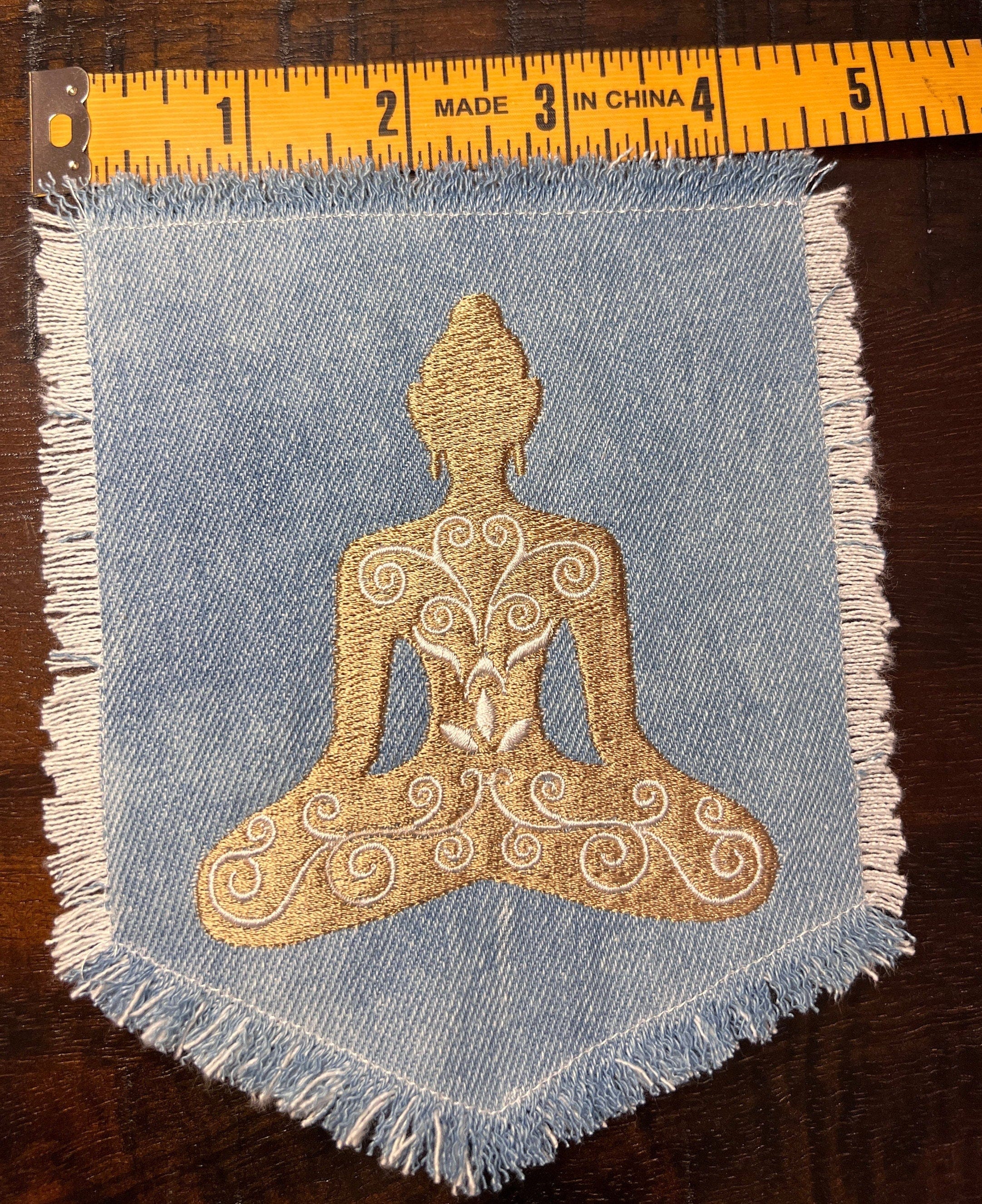Meditation YOGA Namaste Pose HOT POCKET Embroidered Stitched gold Hand Bleached Denim Hippie Pocket 5.5 X 4.5 Good Karma Frayed Edges Sew On Yoga & Pilates