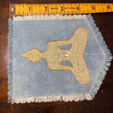 Meditation YOGA Namaste Pose HOT POCKET Embroidered Stitched gold Hand Bleached Denim Hippie Pocket 5.5 X 4.5 Good Karma Frayed Edges Sew On Yoga & Pilates