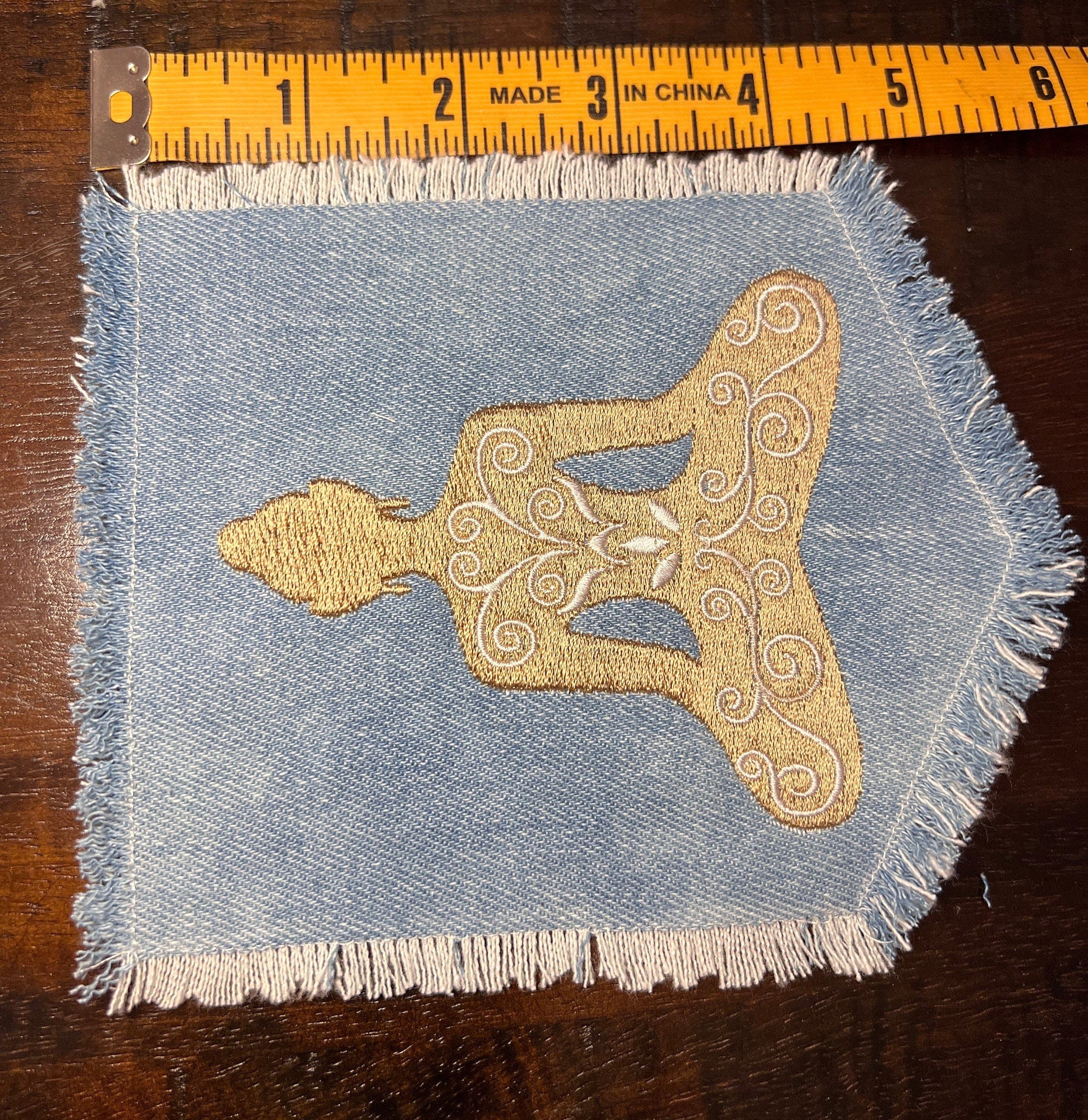 Meditation YOGA Namaste Pose HOT POCKET Embroidered Stitched gold Hand Bleached Denim Hippie Pocket 5.5 X 4.5 Good Karma Frayed Edges Sew On Yoga & Pilates
