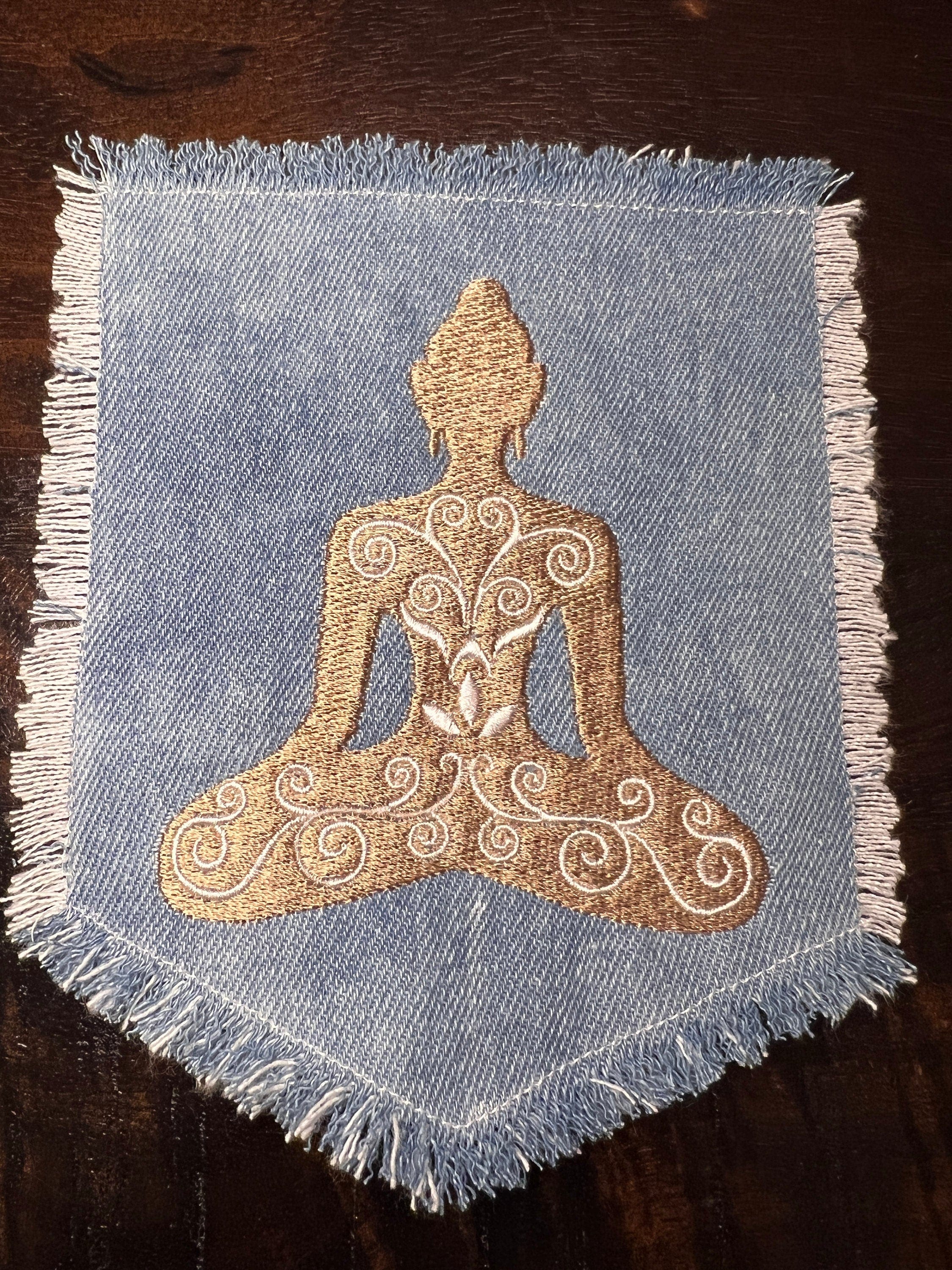Meditation YOGA Namaste Pose HOT POCKET Embroidered Stitched gold Hand Bleached Denim Hippie Pocket 5.5 X 4.5 Good Karma Frayed Edges Sew On Yoga & Pilates