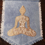 Meditation YOGA Namaste Pose HOT POCKET Embroidered Stitched gold Hand Bleached Denim Hippie Pocket 5.5 X 4.5 Good Karma Frayed Edges Sew On Yoga & Pilates