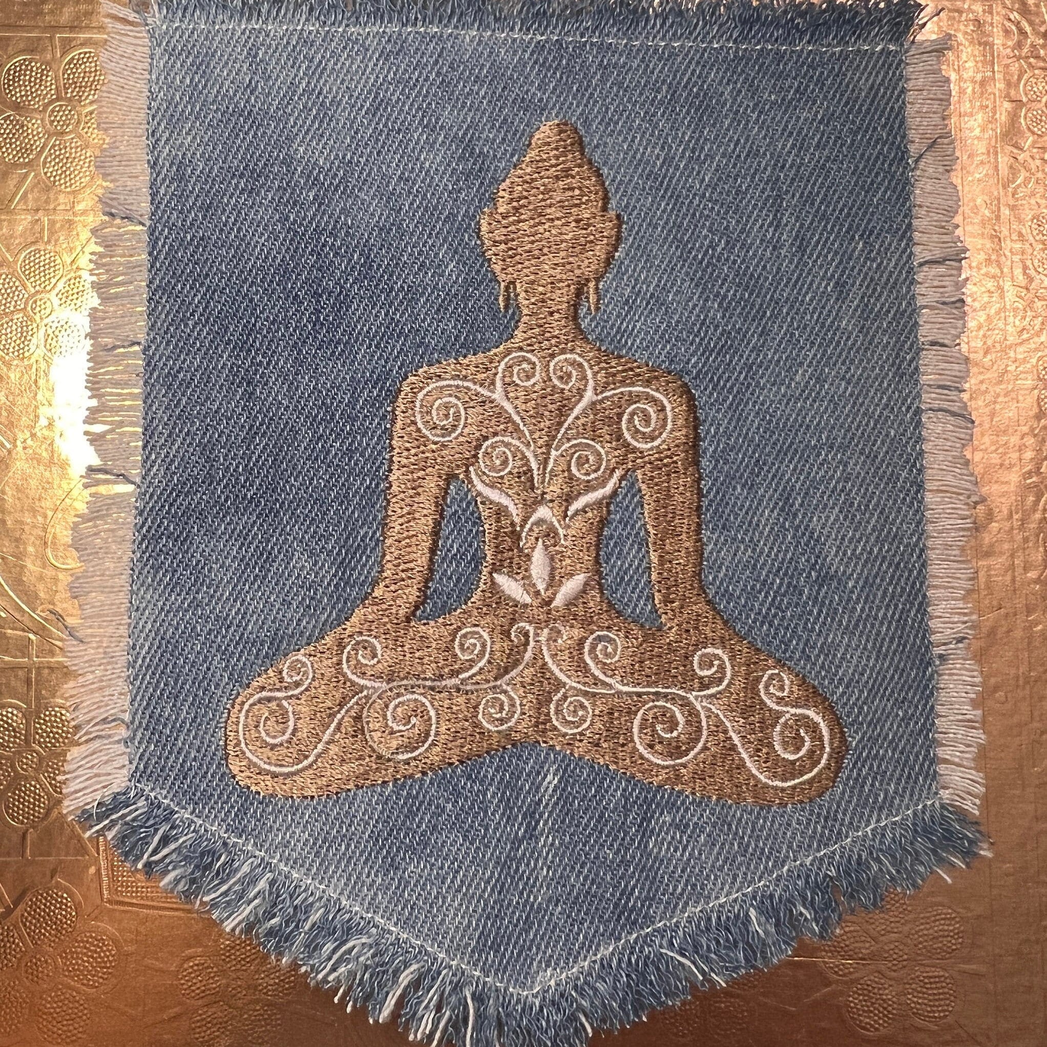 Meditation YOGA Namaste Pose HOT POCKET Embroidered Stitched gold Hand Bleached Denim Hippie Pocket 5.5 X 4.5 Good Karma Frayed Edges Sew On Yoga & Pilates