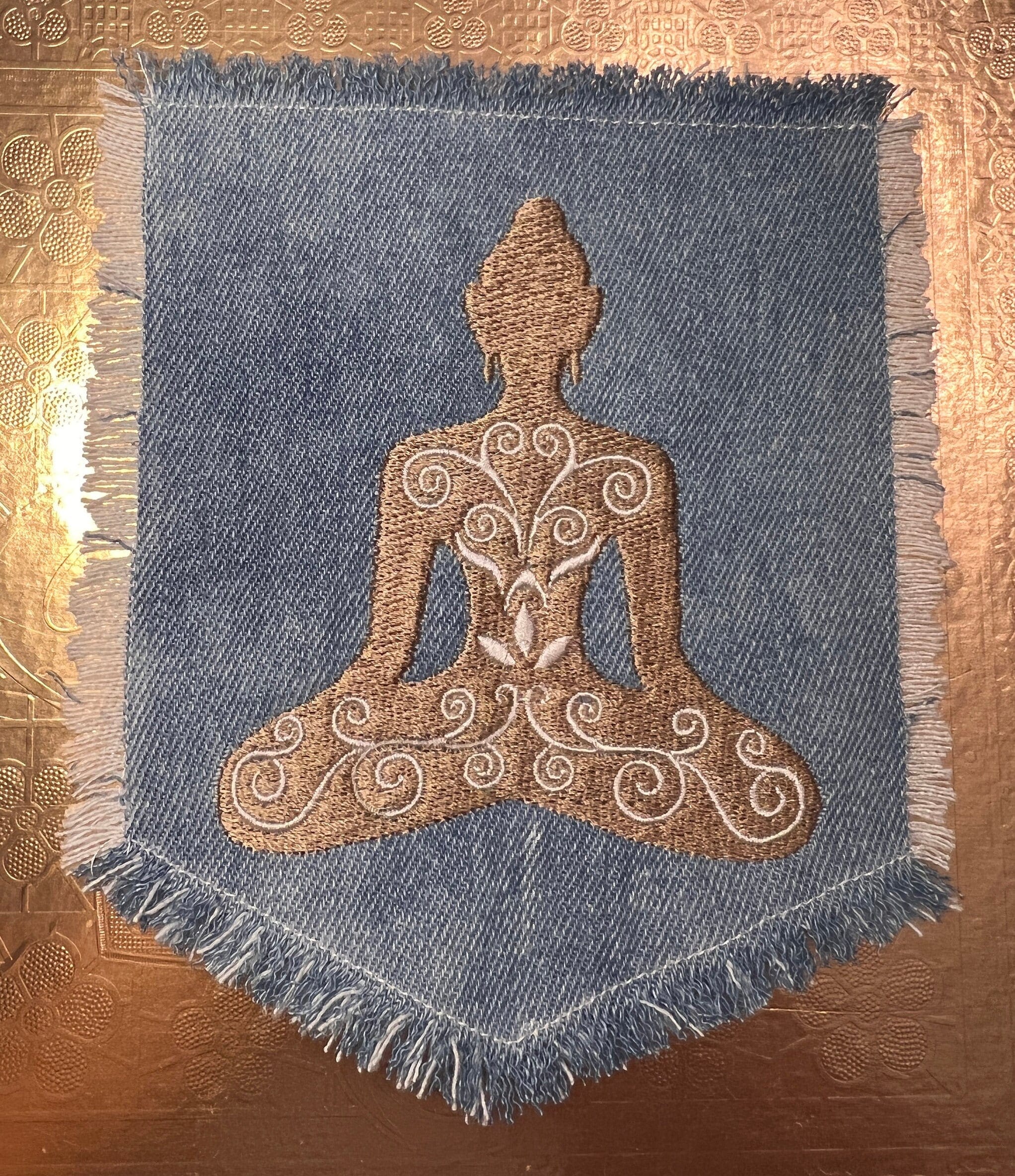 Meditation YOGA Namaste Pose HOT POCKET Embroidered Stitched gold Hand Bleached Denim Hippie Pocket 5.5 X 4.5 Good Karma Frayed Edges Sew On Yoga & Pilates