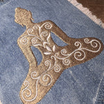 Meditation YOGA Namaste Pose HOT POCKET Embroidered Stitched gold Hand Bleached Denim Hippie Pocket 5.5 X 4.5 Good Karma Frayed Edges Sew On Yoga & Pilates