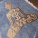 Meditation YOGA Namaste Pose HOT POCKET Embroidered Stitched gold Hand Bleached Denim Hippie Pocket 5.5 X 4.5 Good Karma Frayed Edges Sew On Yoga & Pilates
