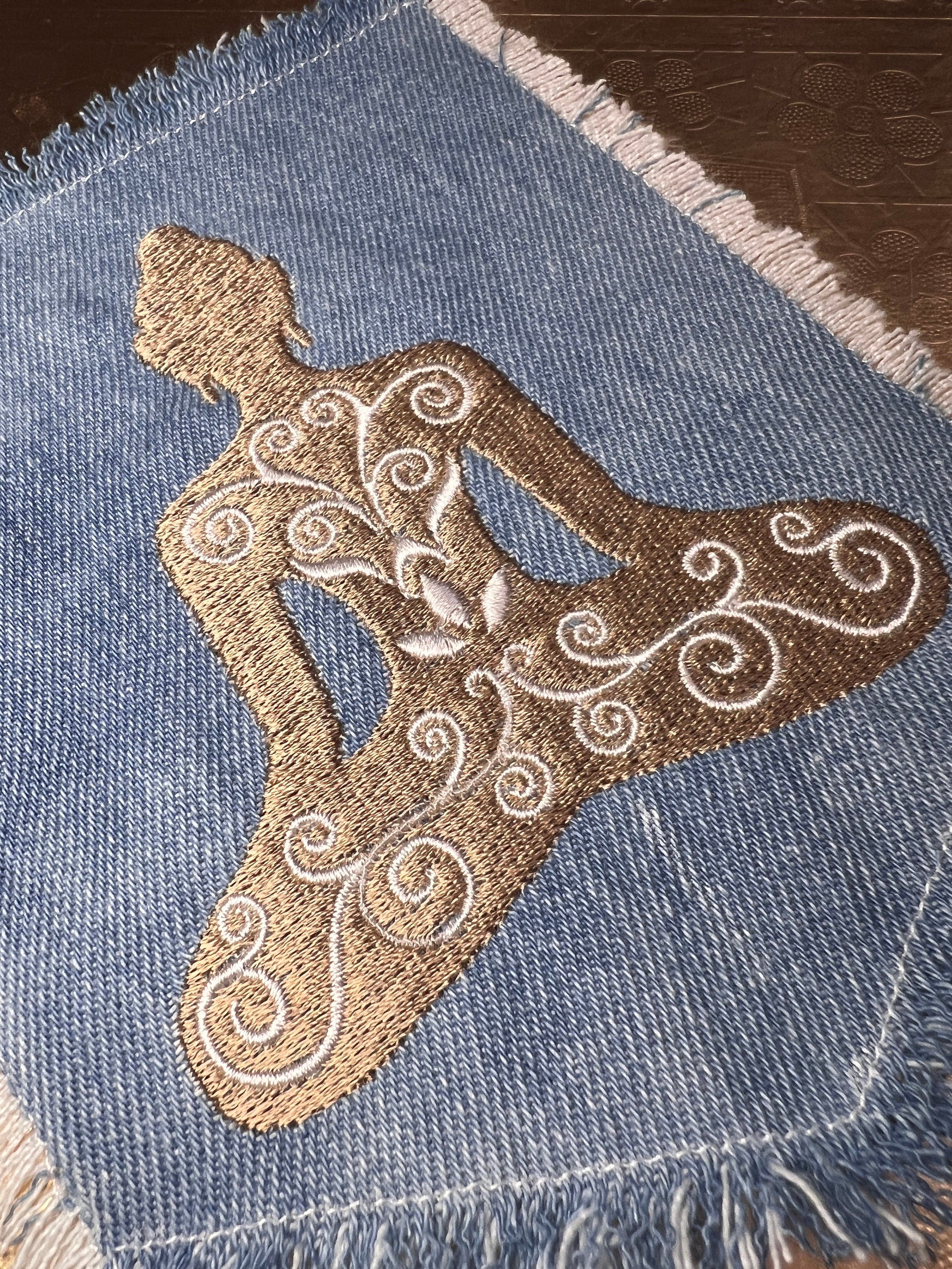 Meditation YOGA Namaste Pose HOT POCKET Embroidered Stitched gold Hand Bleached Denim Hippie Pocket 5.5 X 4.5 Good Karma Frayed Edges Sew On Yoga & Pilates