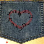 MUSICAL Notes Heart HOT POCKET art Indigo Denim Music Notes patch - Large 7 X 7 Appliques & Patches