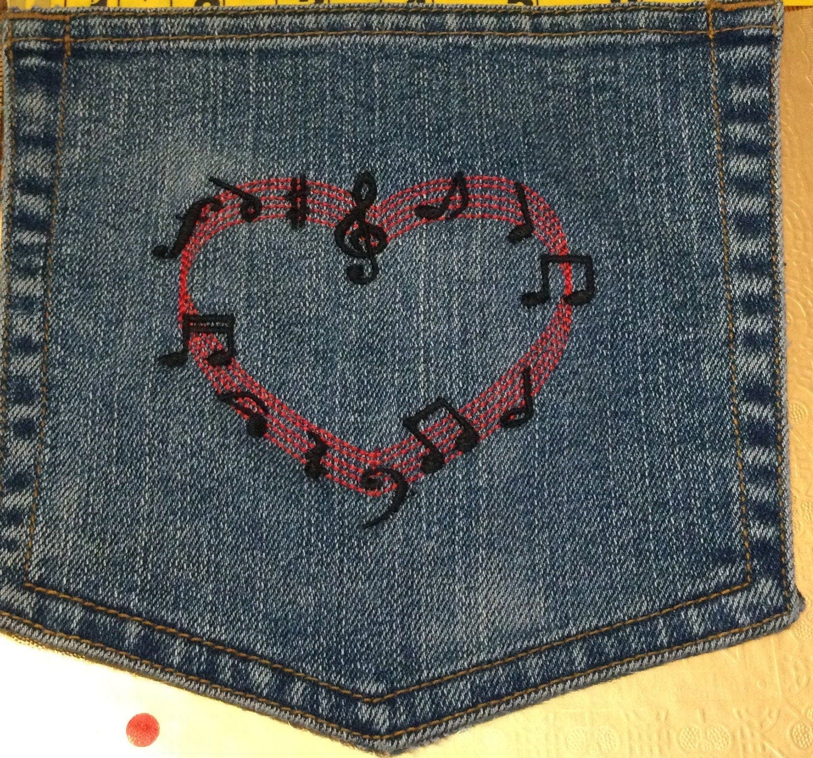 MUSICAL Notes Heart HOT POCKET art Indigo Denim Music Notes patch - Large 7 X 7 Appliques & Patches