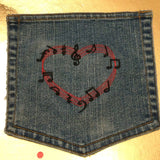 MUSICAL Notes Heart HOT POCKET art Indigo Denim Music Notes patch - Large 7 X 7 Appliques & Patches