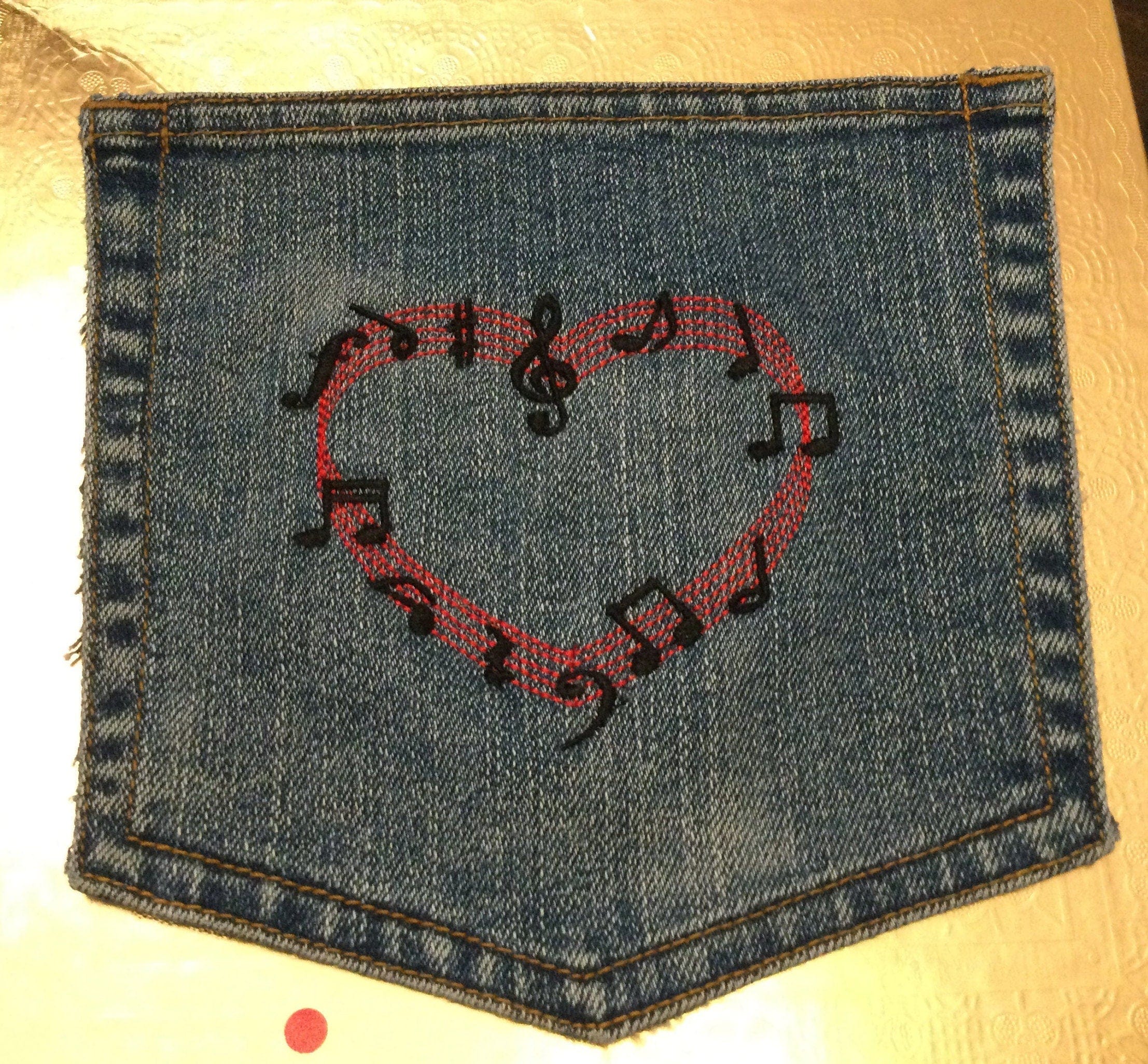 MUSICAL Notes Heart HOT POCKET art Indigo Denim Music Notes patch - Large 7 X 7 Appliques & Patches