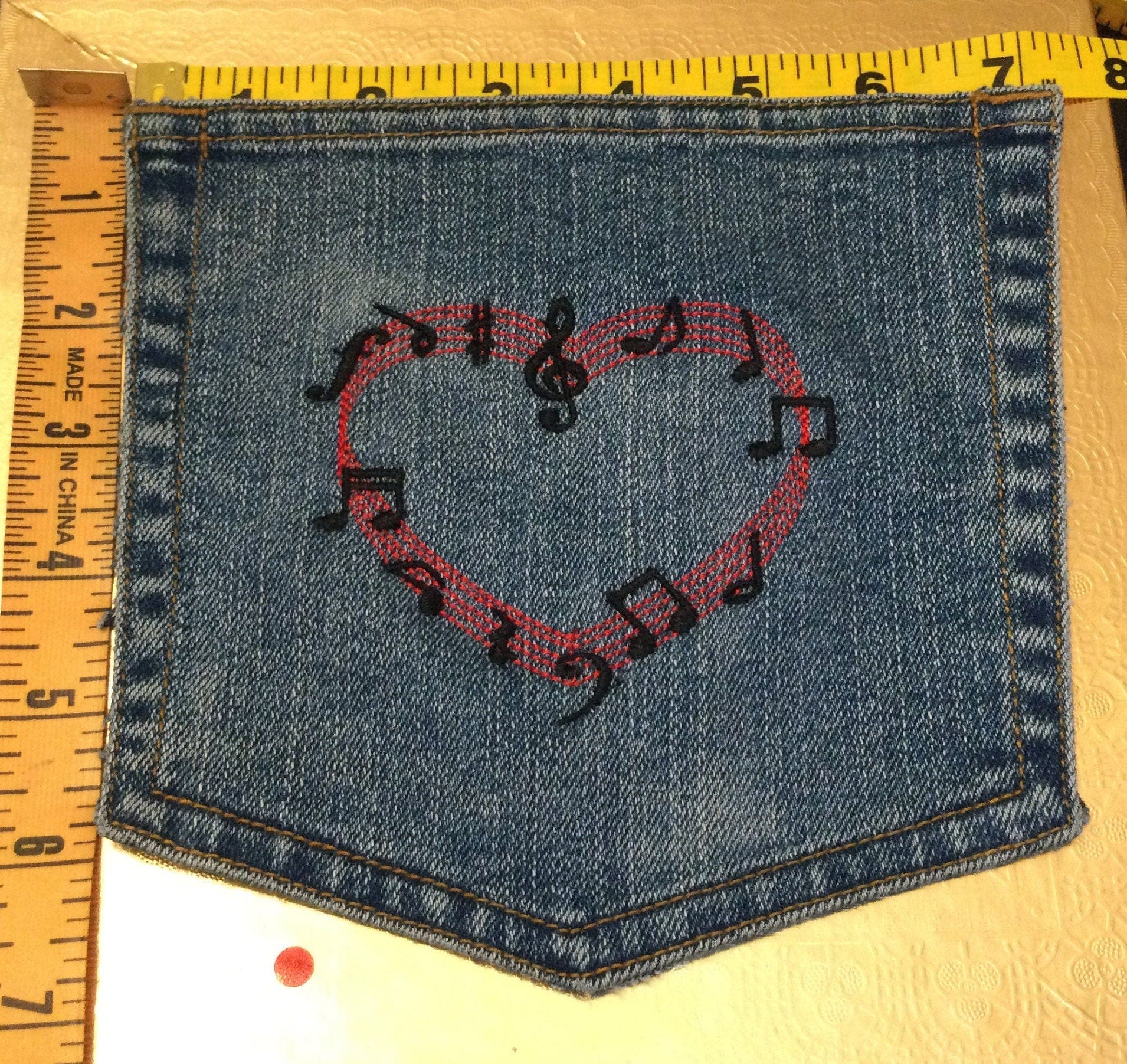 MUSICAL Notes Heart HOT POCKET art Indigo Denim Music Notes patch - Large 7 X 7 Appliques & Patches