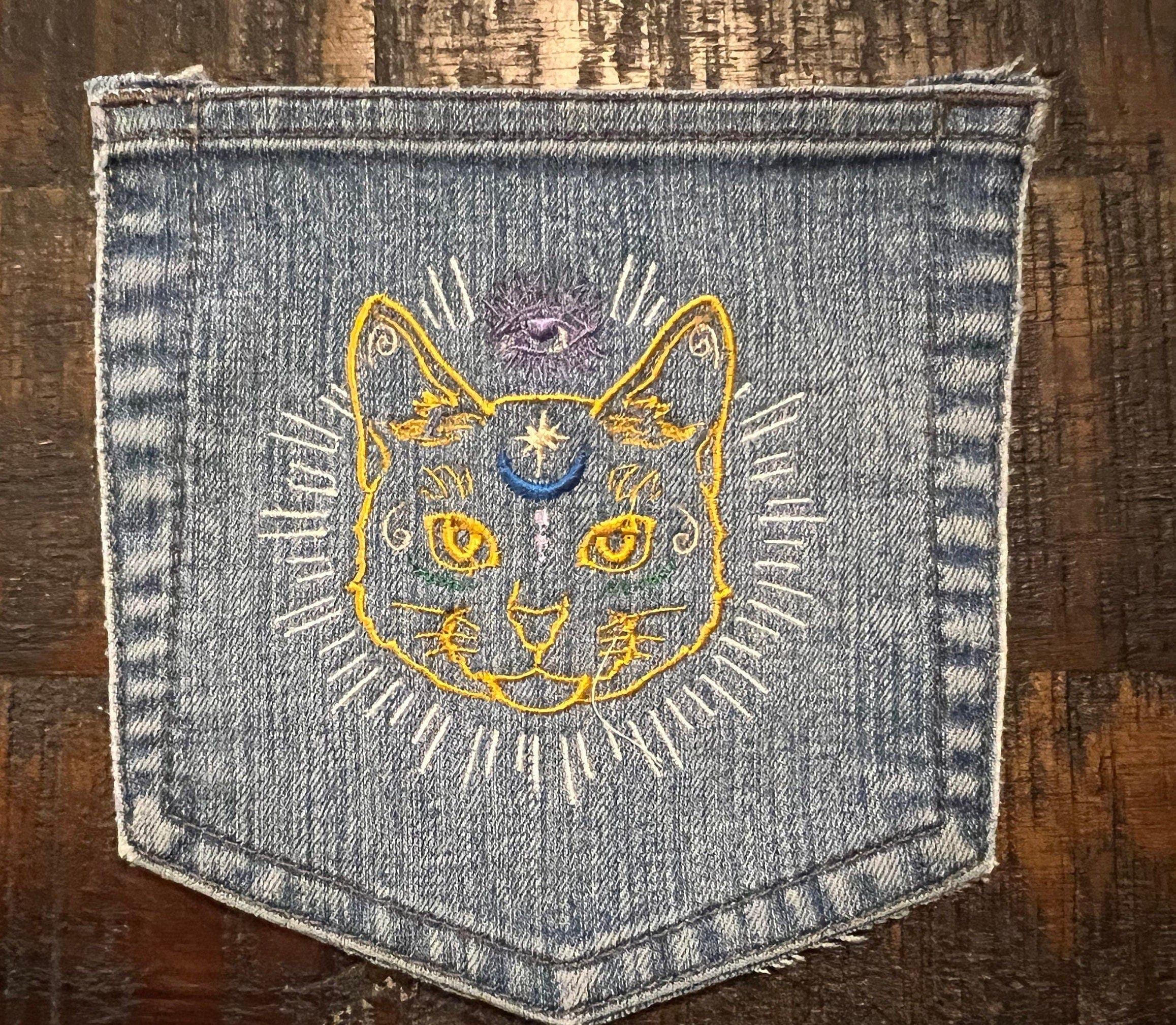 Mystic Kitty CAT HOT POCKET - embroidered Denim patch 6X6 Iron On Psychic Soule Patch Appliques & Patches