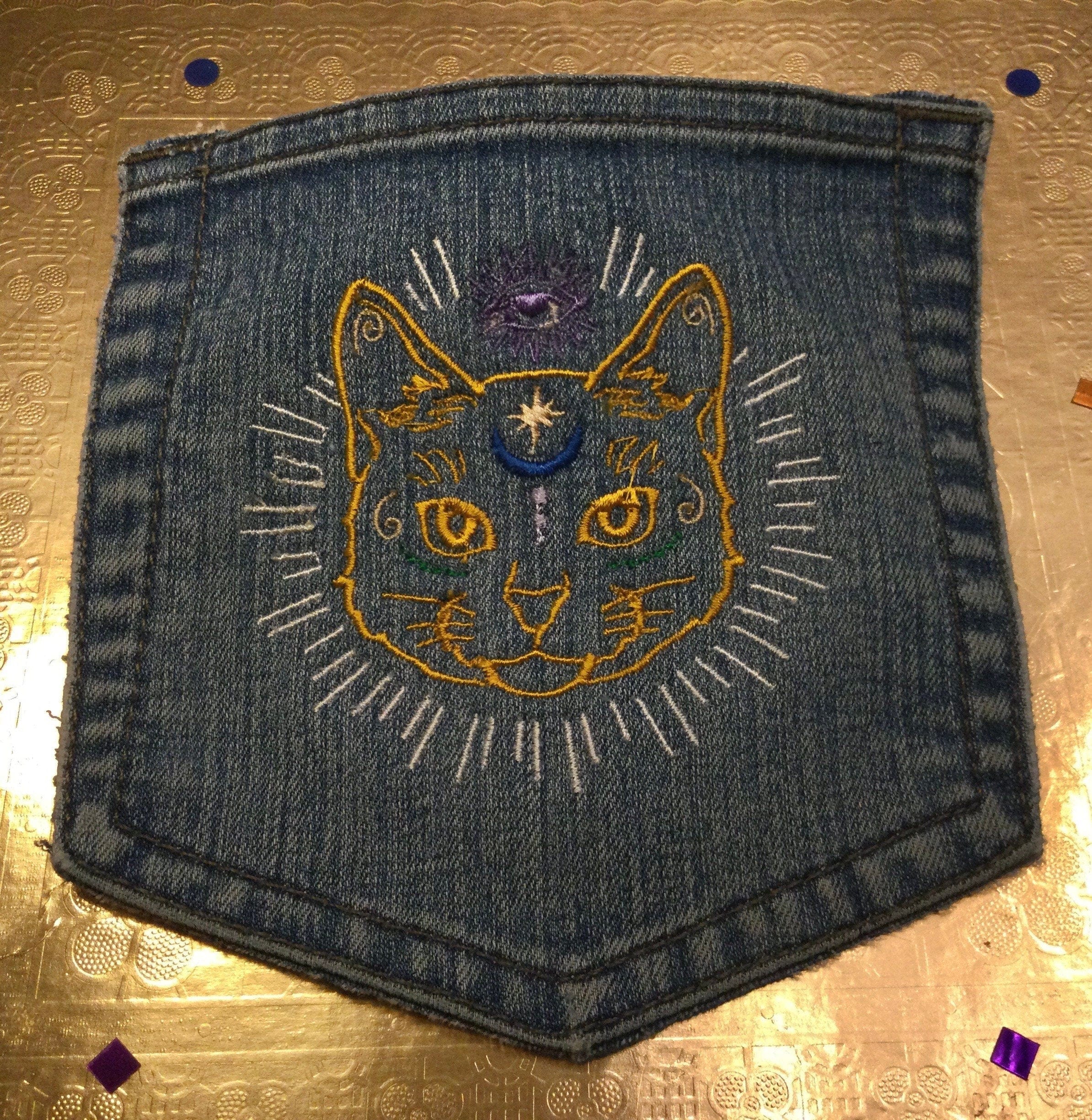 Mystic Kitty CAT HOT POCKET - embroidered Denim patch 6X6 Iron On Psychic Soule Patch Appliques & Patches
