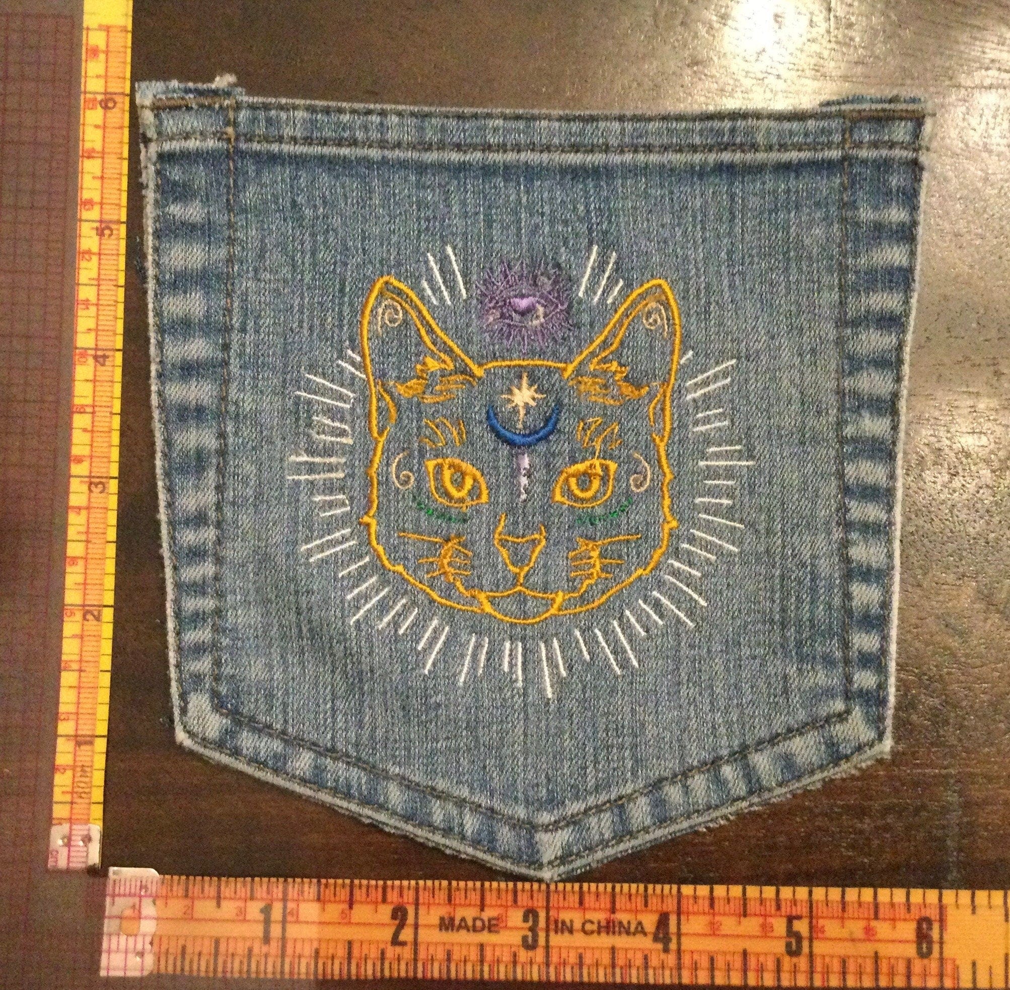 Mystic Kitty CAT HOT POCKET - embroidered Denim patch 6X6 Iron On Psychic Soule Patch Appliques & Patches