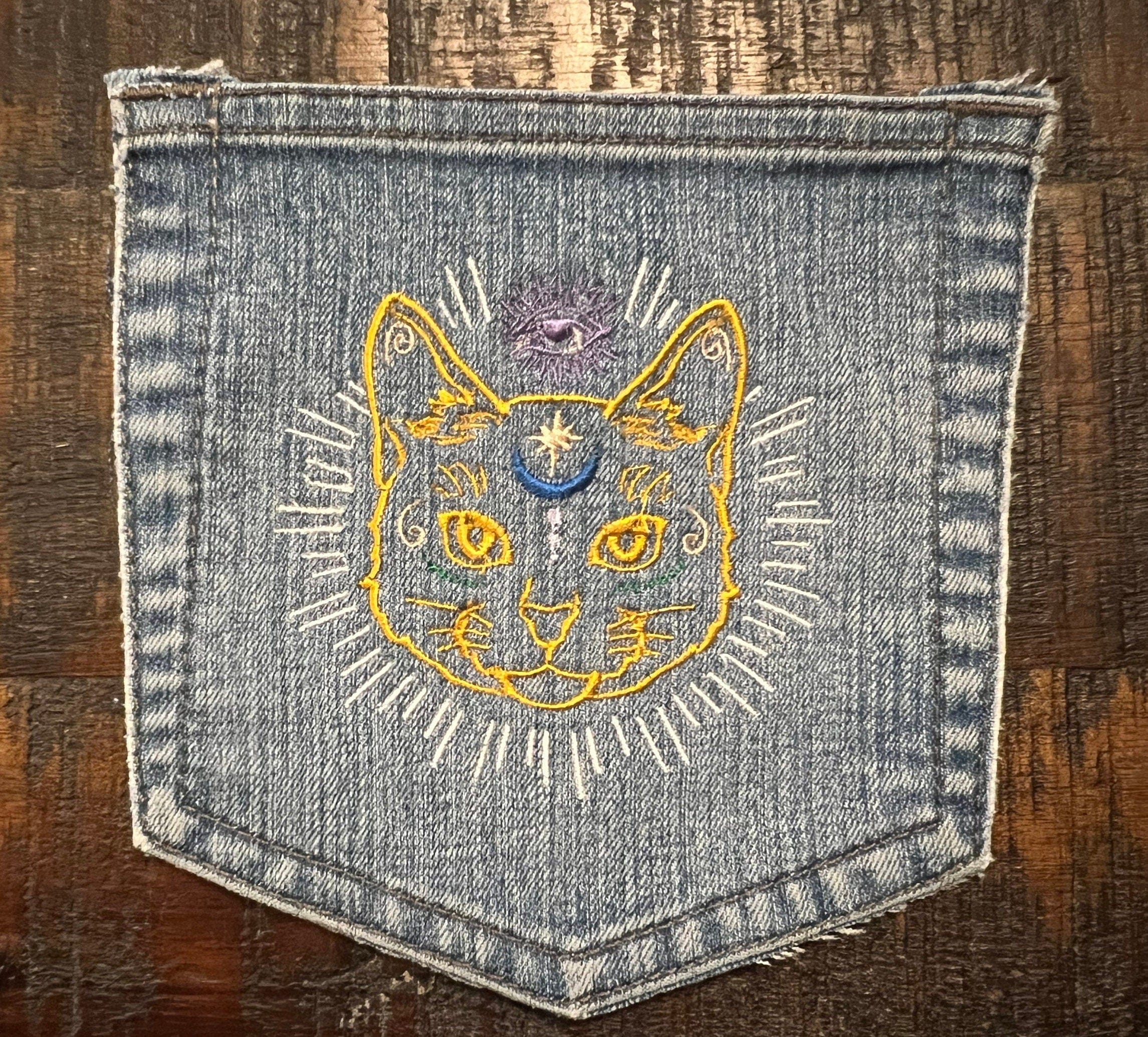 Mystic Kitty CAT HOT POCKET - embroidered Denim patch 6X6 Iron On Psychic Soule Patch Appliques & Patches