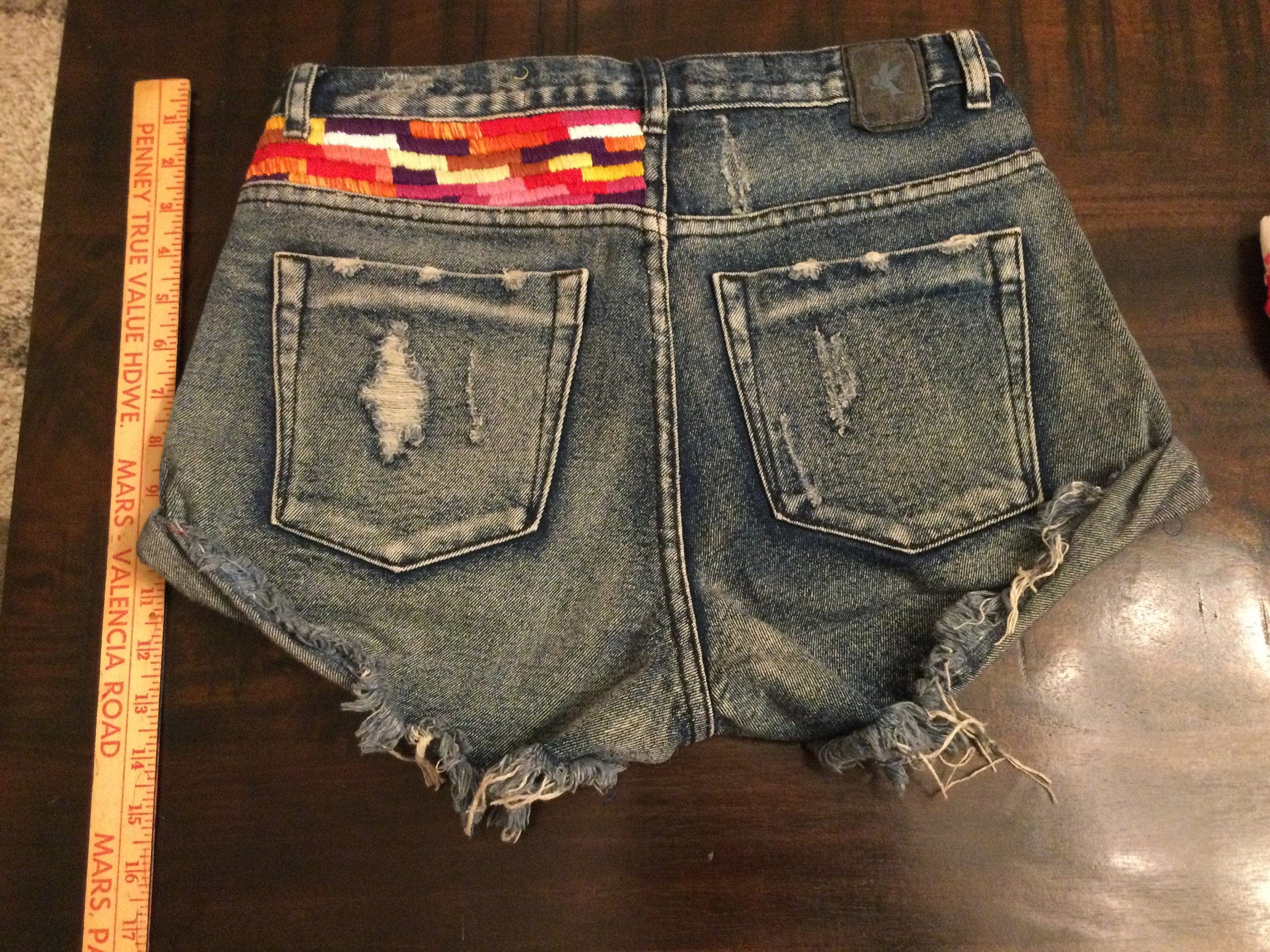 One Teaspoon OOAK Festival Cut Off Denim Shorts Hand Embroidered Shorts