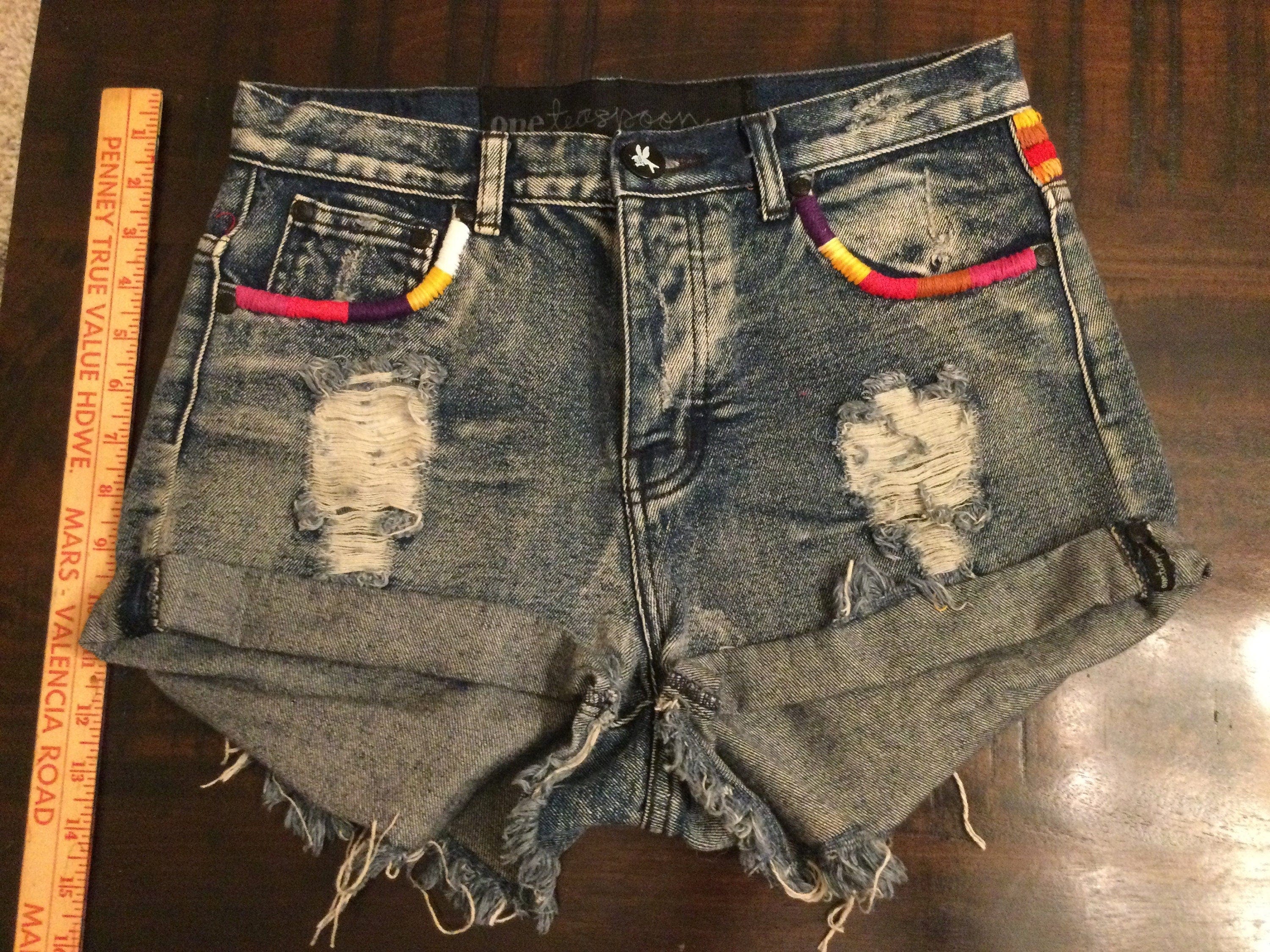 One Teaspoon OOAK Festival Cut Off Denim Shorts Hand Embroidered Shorts