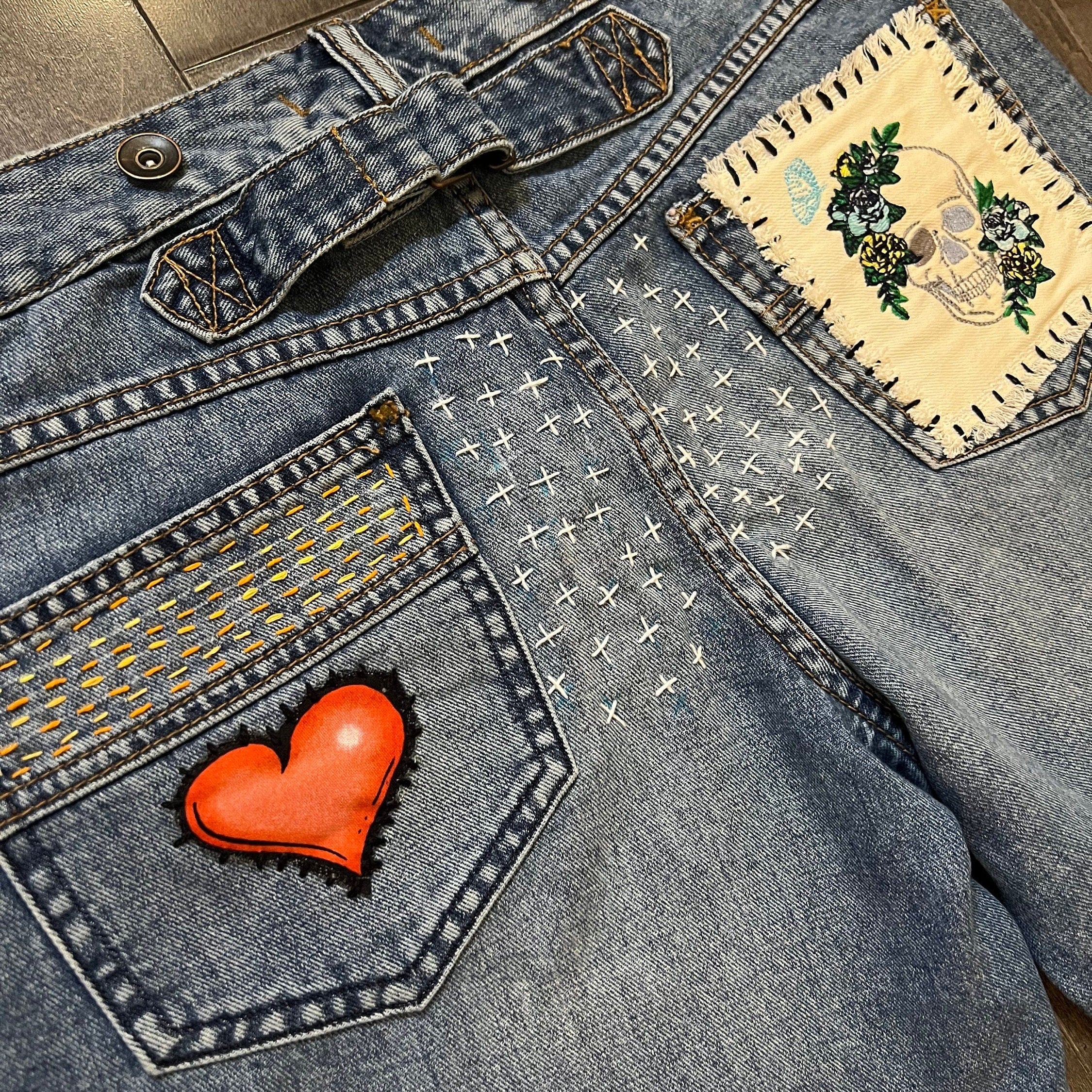 Patchwork Free People 29 carpenter JEANS embroidered Sacred Heart Day of the Dead SUGAR SKULL Dia De Los Muertos patches repurposed Pants