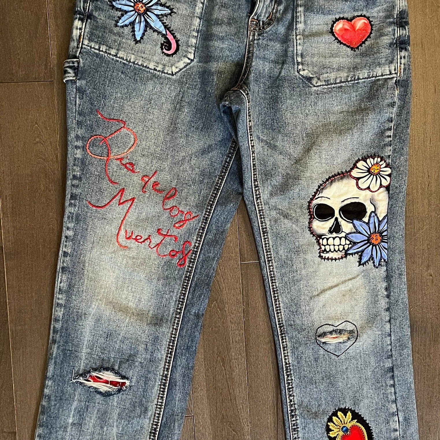 Patchwork Free People 29 carpenter JEANS embroidered Sacred Heart Day of the Dead SUGAR SKULL Dia De Los Muertos patches repurposed Pants