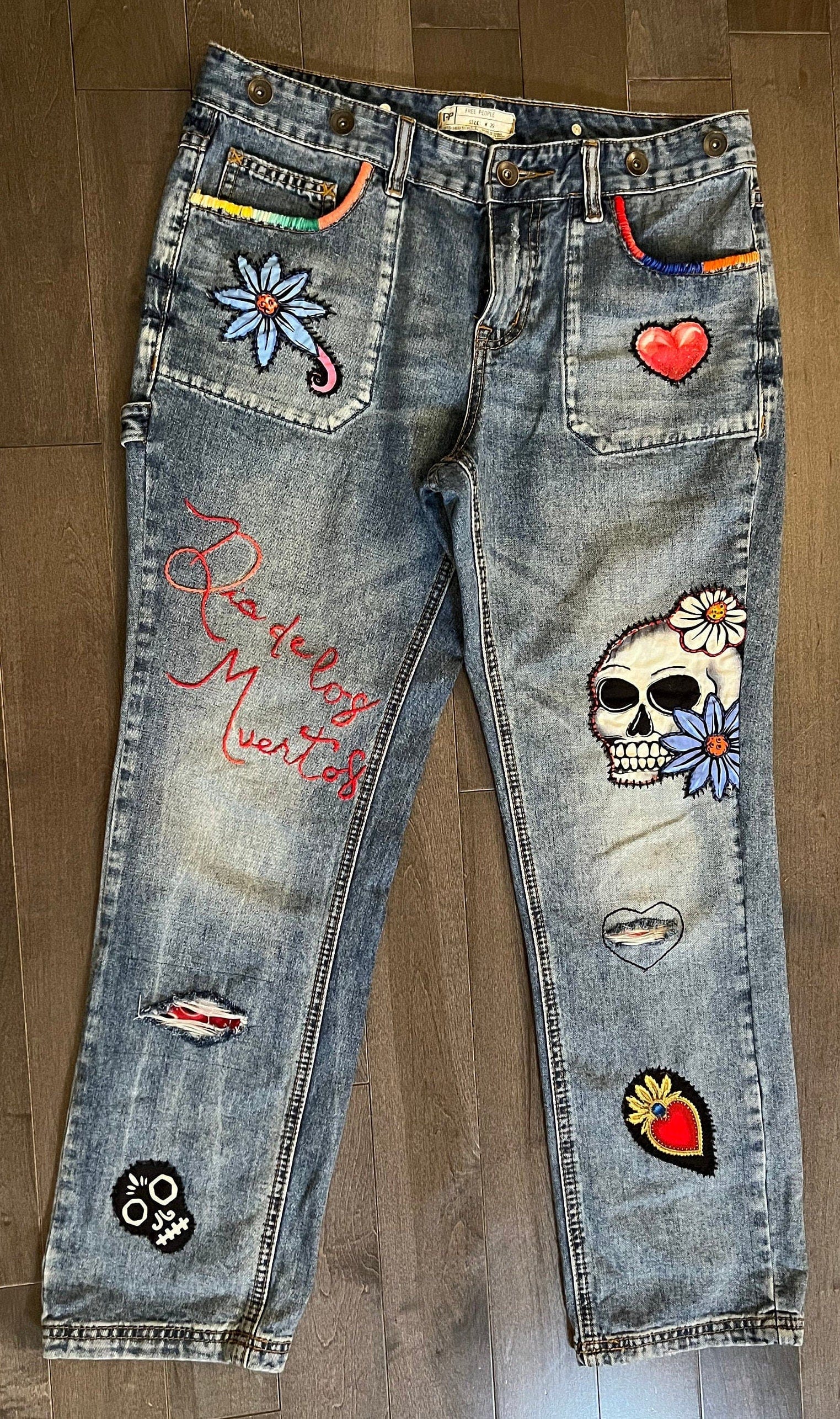 Patchwork Free People 29 carpenter JEANS embroidered Sacred Heart Day of the Dead SUGAR SKULL Dia De Los Muertos patches repurposed Pants
