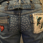 Patchwork Free People 29 carpenter JEANS embroidered Sacred Heart Day of the Dead SUGAR SKULL Dia De Los Muertos patches repurposed Pants