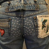 Patchwork Free People 29 carpenter JEANS embroidered Sacred Heart Day of the Dead SUGAR SKULL Dia De Los Muertos patches repurposed Pants