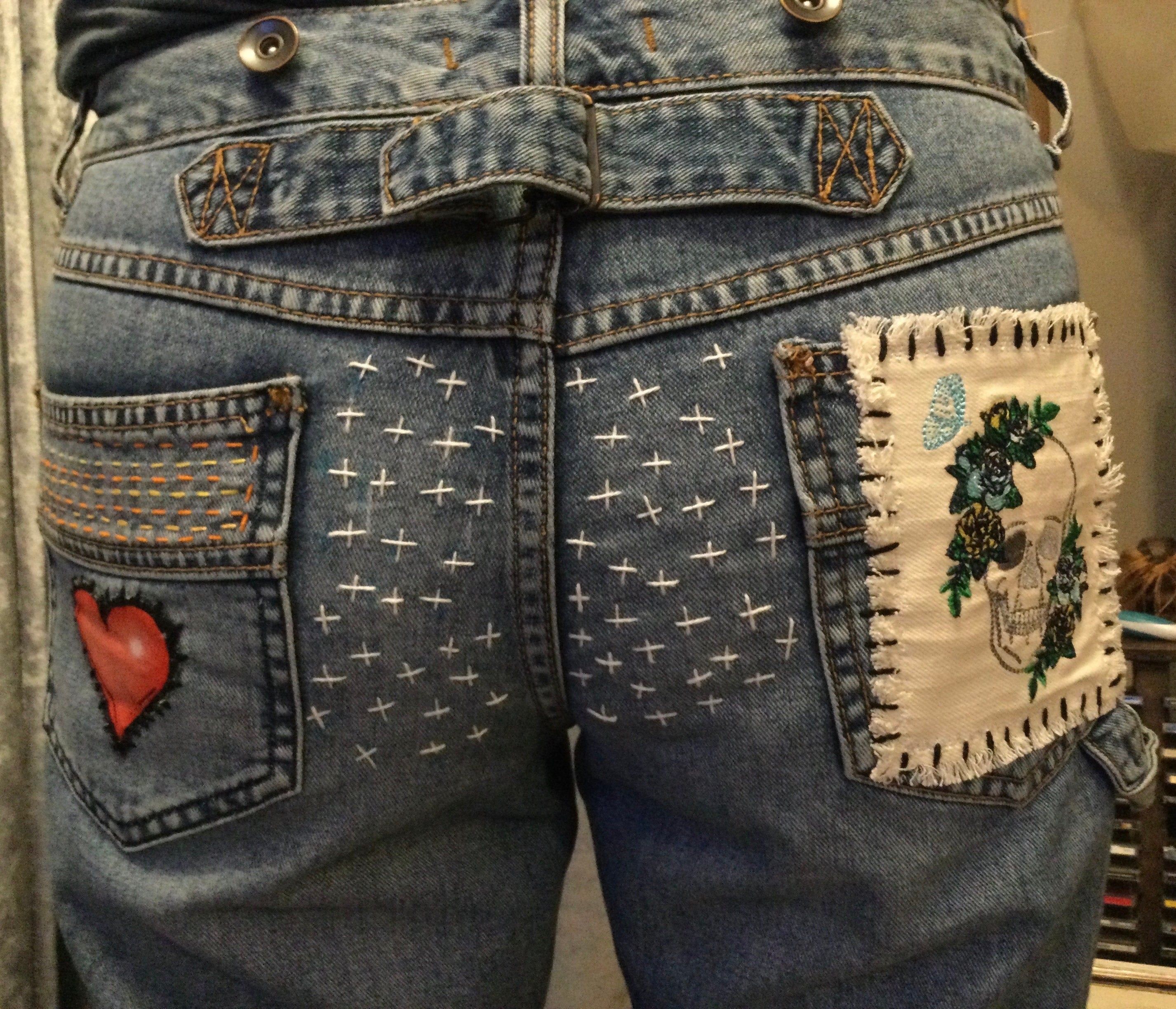 Patchwork Free People 29 carpenter JEANS embroidered Sacred Heart Day of the Dead SUGAR SKULL Dia De Los Muertos patches repurposed Pants