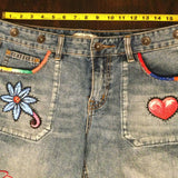Patchwork Free People 29 carpenter JEANS embroidered Sacred Heart Day of the Dead SUGAR SKULL Dia De Los Muertos patches repurposed Pants
