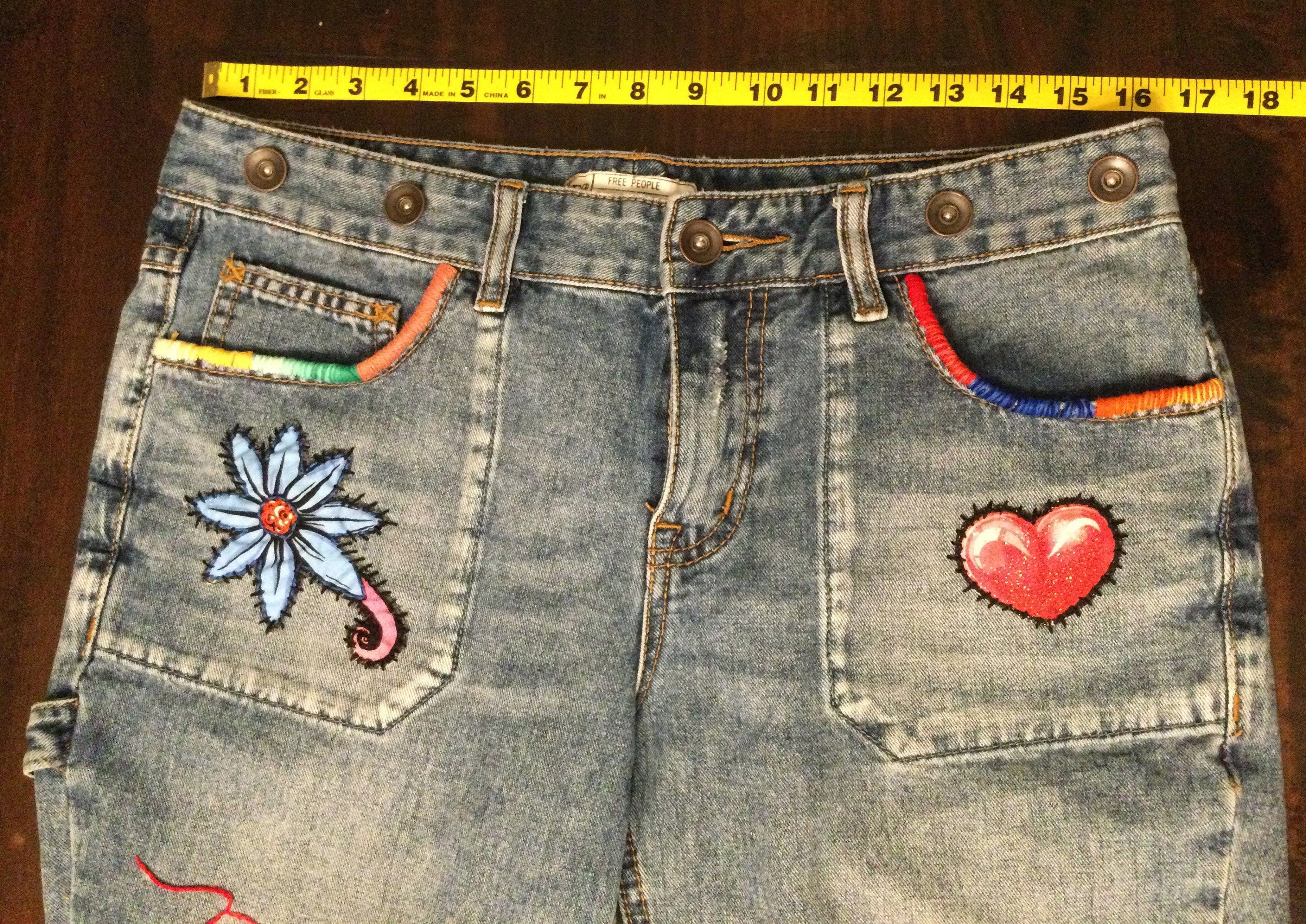 Patchwork Free People 29 carpenter JEANS embroidered Sacred Heart Day of the Dead SUGAR SKULL Dia De Los Muertos patches repurposed Pants
