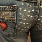 Patchwork Free People 29 carpenter JEANS embroidered Sacred Heart Day of the Dead SUGAR SKULL Dia De Los Muertos patches repurposed Pants