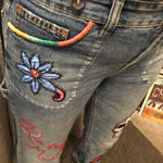 Patchwork Free People 29 carpenter JEANS embroidered Sacred Heart Day of the Dead SUGAR SKULL Dia De Los Muertos patches repurposed Pants