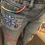 Patchwork Free People 29 carpenter JEANS embroidered Sacred Heart Day of the Dead SUGAR SKULL Dia De Los Muertos patches repurposed Pants