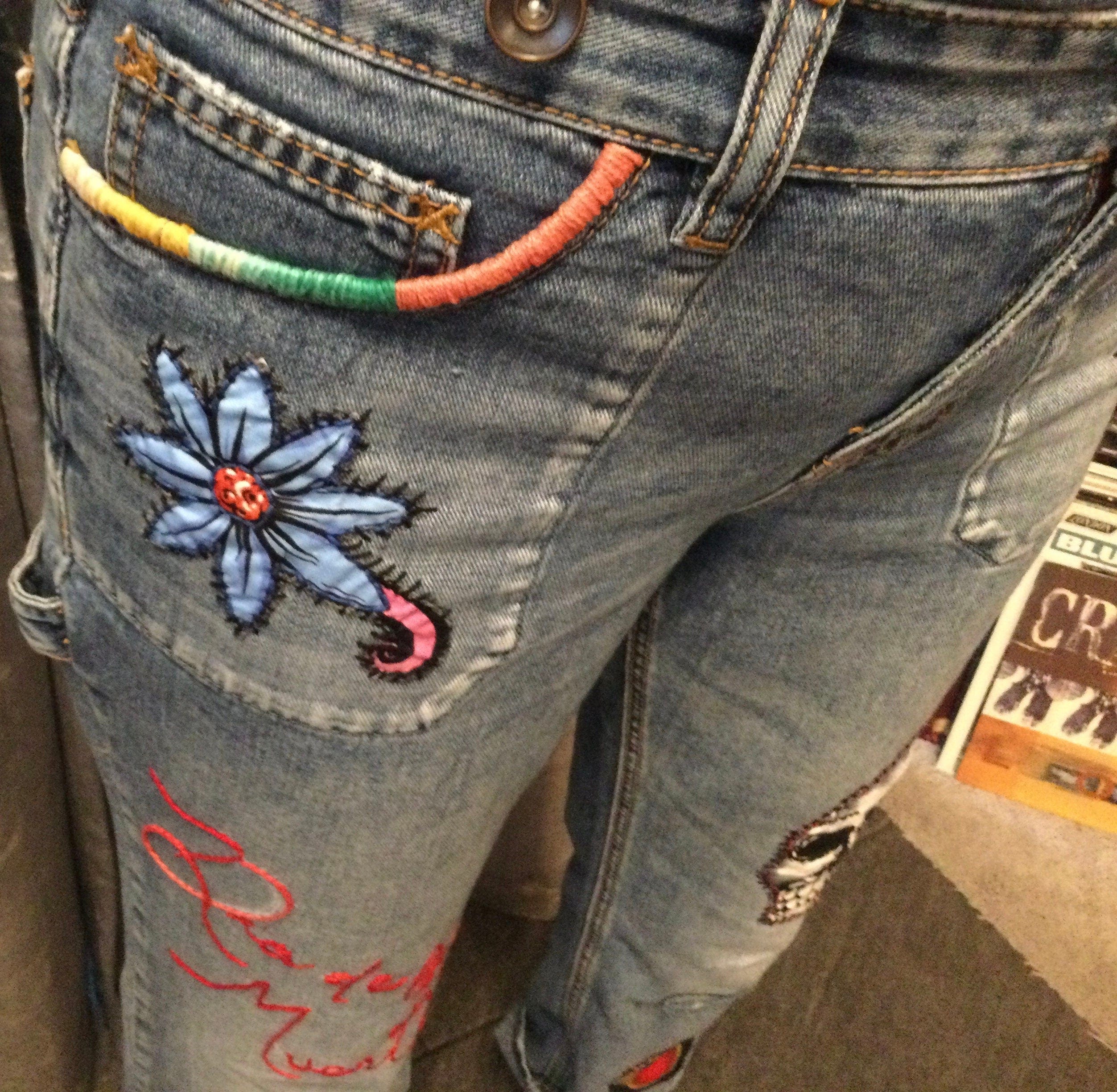 Patchwork Free People 29 carpenter JEANS embroidered Sacred Heart Day of the Dead SUGAR SKULL Dia De Los Muertos patches repurposed Pants