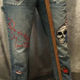 Patchwork Free People 29 carpenter JEANS embroidered Sacred Heart Day of the Dead SUGAR SKULL Dia De Los Muertos patches repurposed Pants