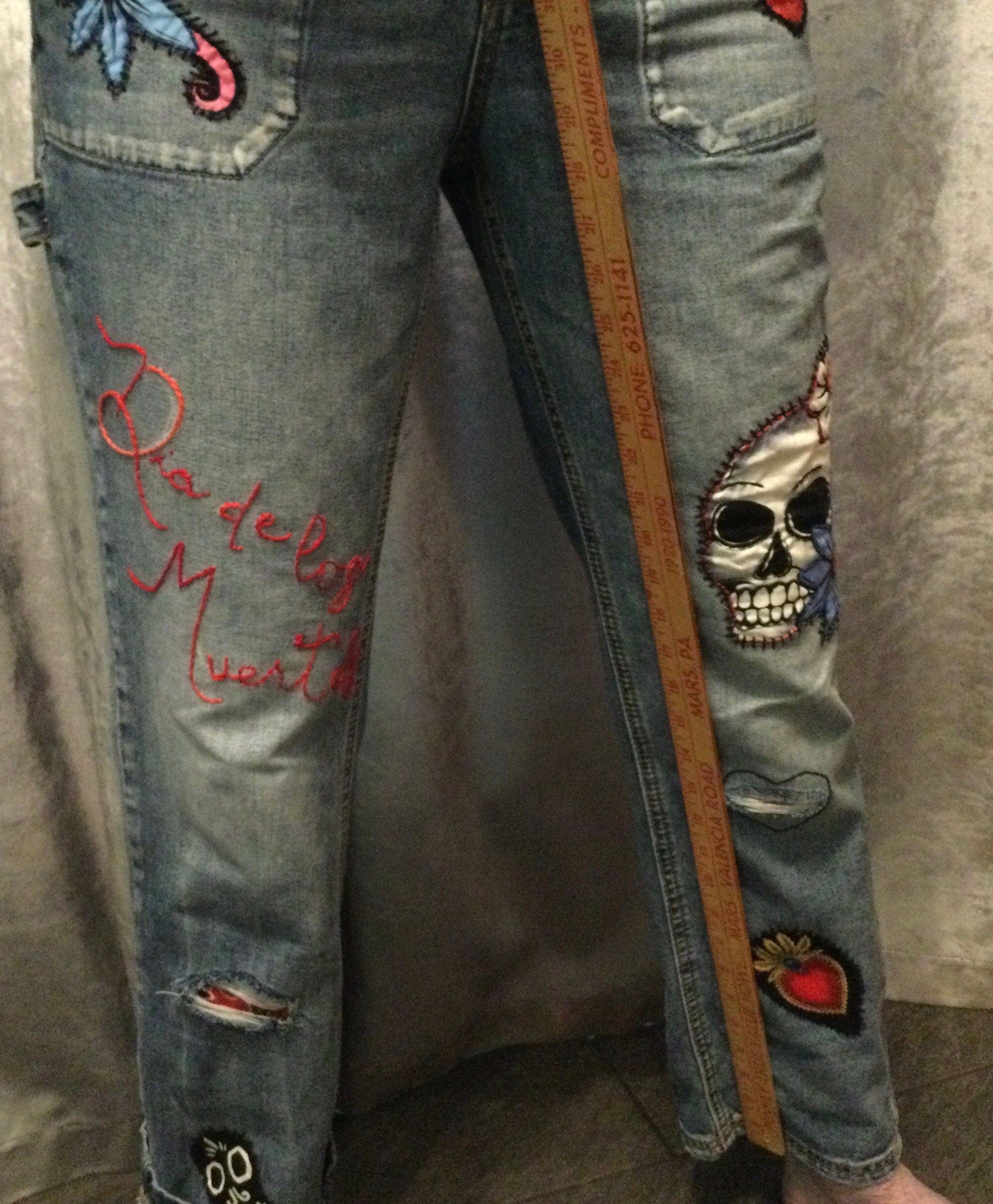 Patchwork Free People 29 carpenter JEANS embroidered Sacred Heart Day of the Dead SUGAR SKULL Dia De Los Muertos patches repurposed Pants
