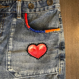 Patchwork Free People 29 carpenter JEANS embroidered Sacred Heart Day of the Dead SUGAR SKULL Dia De Los Muertos patches repurposed Pants