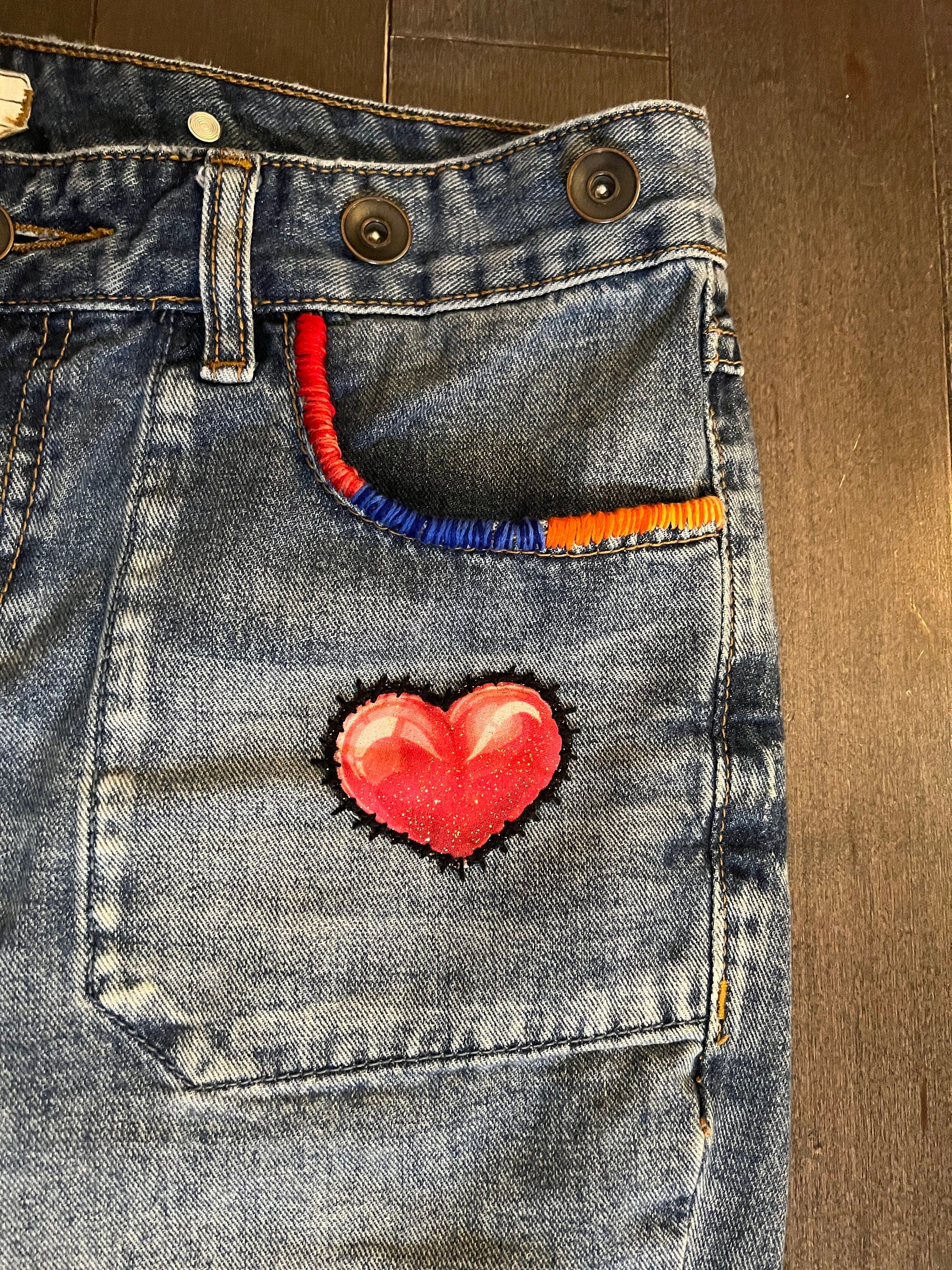 Patchwork Free People 29 carpenter JEANS embroidered Sacred Heart Day of the Dead SUGAR SKULL Dia De Los Muertos patches repurposed Pants