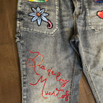 Patchwork Free People 29 carpenter JEANS embroidered Sacred Heart Day of the Dead SUGAR SKULL Dia De Los Muertos patches repurposed Pants