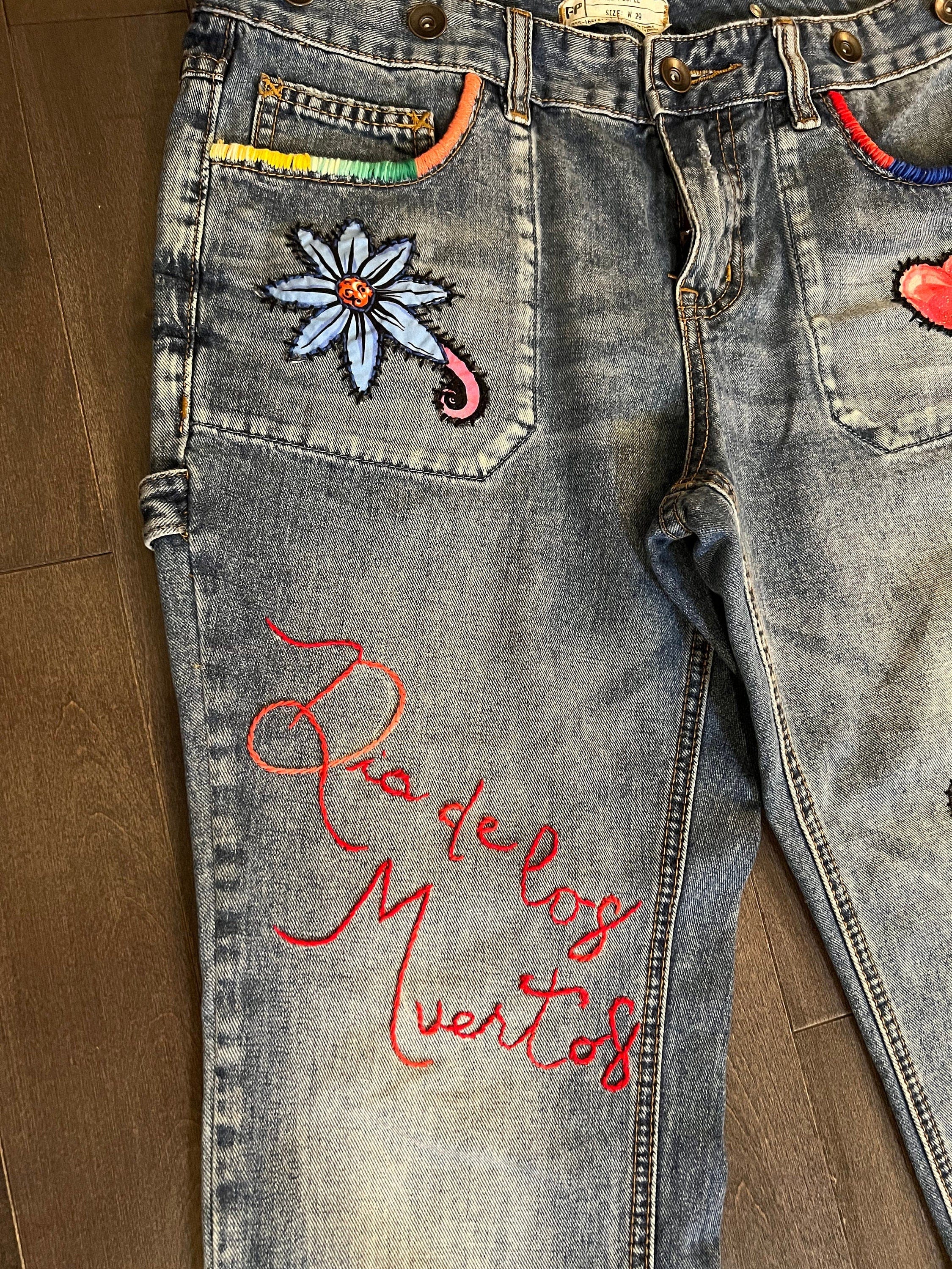 Patchwork Free People 29 carpenter JEANS embroidered Sacred Heart Day of the Dead SUGAR SKULL Dia De Los Muertos patches repurposed Pants