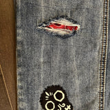 Patchwork Free People 29 carpenter JEANS embroidered Sacred Heart Day of the Dead SUGAR SKULL Dia De Los Muertos patches repurposed Pants