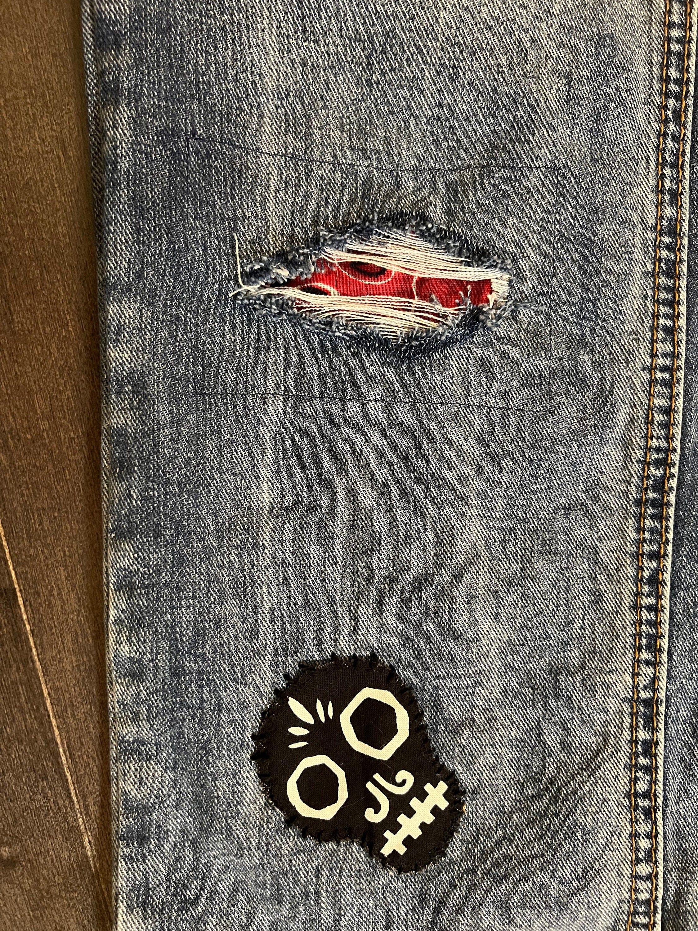 Patchwork Free People 29 carpenter JEANS embroidered Sacred Heart Day of the Dead SUGAR SKULL Dia De Los Muertos patches repurposed Pants
