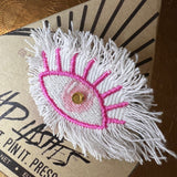 Pink White GOOD KARMA EYE Patch Handmade NuAge Pin Embroidered Protective Talisman Decal Fringed Denim Bridal Party Bachelorette office gift Pinback Buttons
